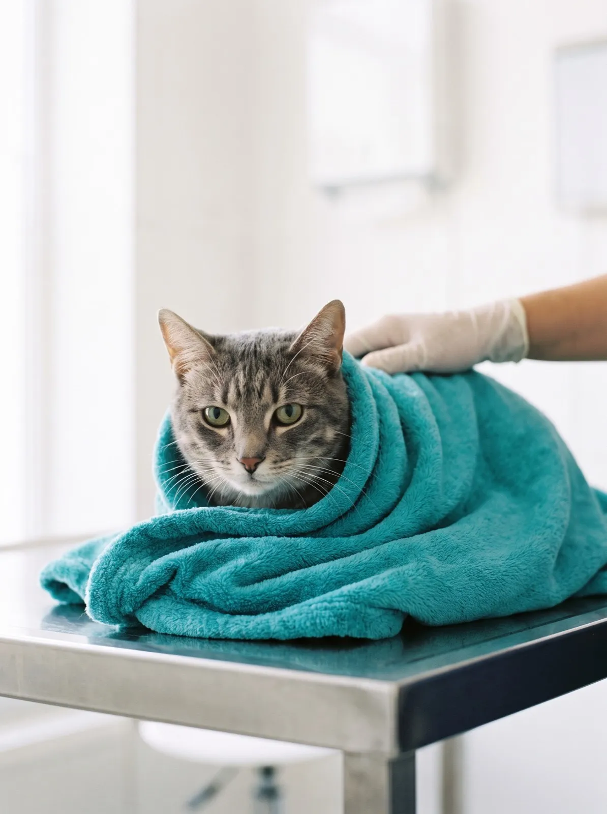 Gato enrolado em manta turquesa sendo examinado com cuidado